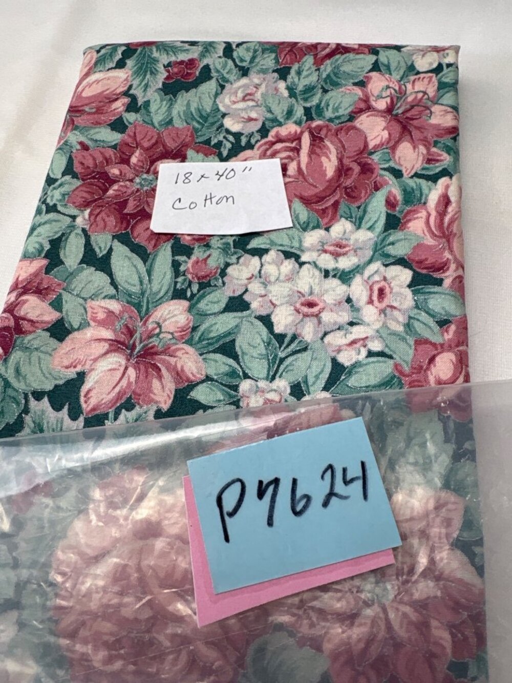 Floral Cotton Fabric 18x40" Green Pink Roses Sewing Quilting Material - Picture 9 of 11